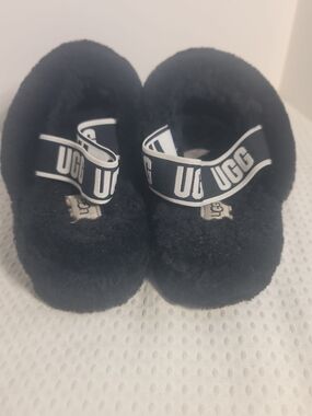 UGG Kids Black Fluff Slingback Slippers